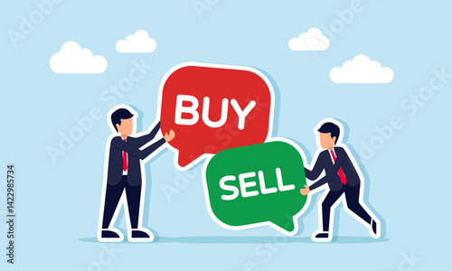 Businessman holding a chat dialog with BUY while others hold chat dialogs with SELL, illustration of trade activity and stock market buying and selling