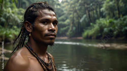Portrait of tribal man nearby river in forest 