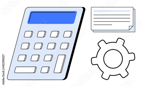 Calculator with numeric keypad, settings gear, and stack of documents. Ideal for finance, budgeting, accounting, planning, productivity operations education. Flat simple metaphor