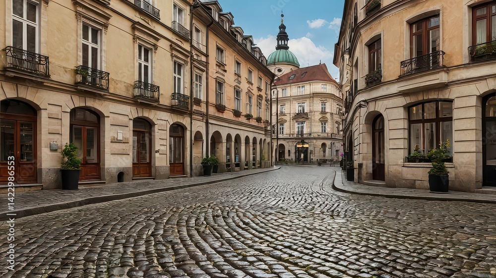Fototapeta premium A cobblestone street lined with buildings in a european city with a dome in the background on a cloudy day
