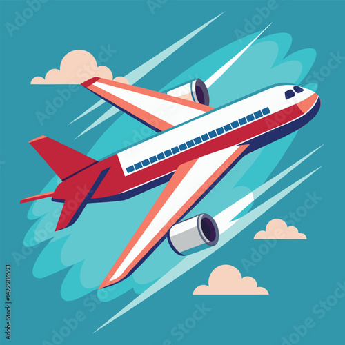 Airplane hovering in the sky, flight process, vector illustration