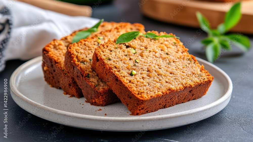Fresh slice of homemade zucchini bread on ceramic plate, healthy dessert with rustic vibes Fresh slice of homemade zucchini bread on ceramic plate, healthy dessert with rustic vibes