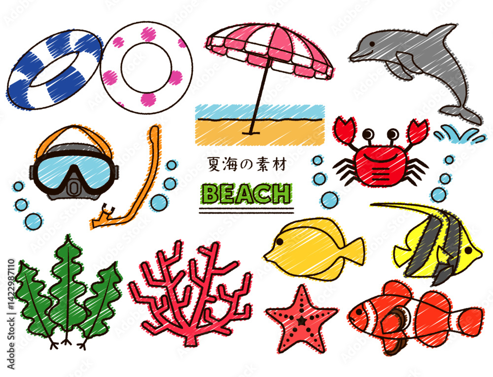 Naklejka premium 手書き風夏の海のカラーイラストセット