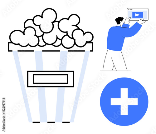 Popcorn bucket represents movie time, user holding video player suggests streaming, blue add content button adds interactivity. Ideal for entertainment, streaming, social media, user interface