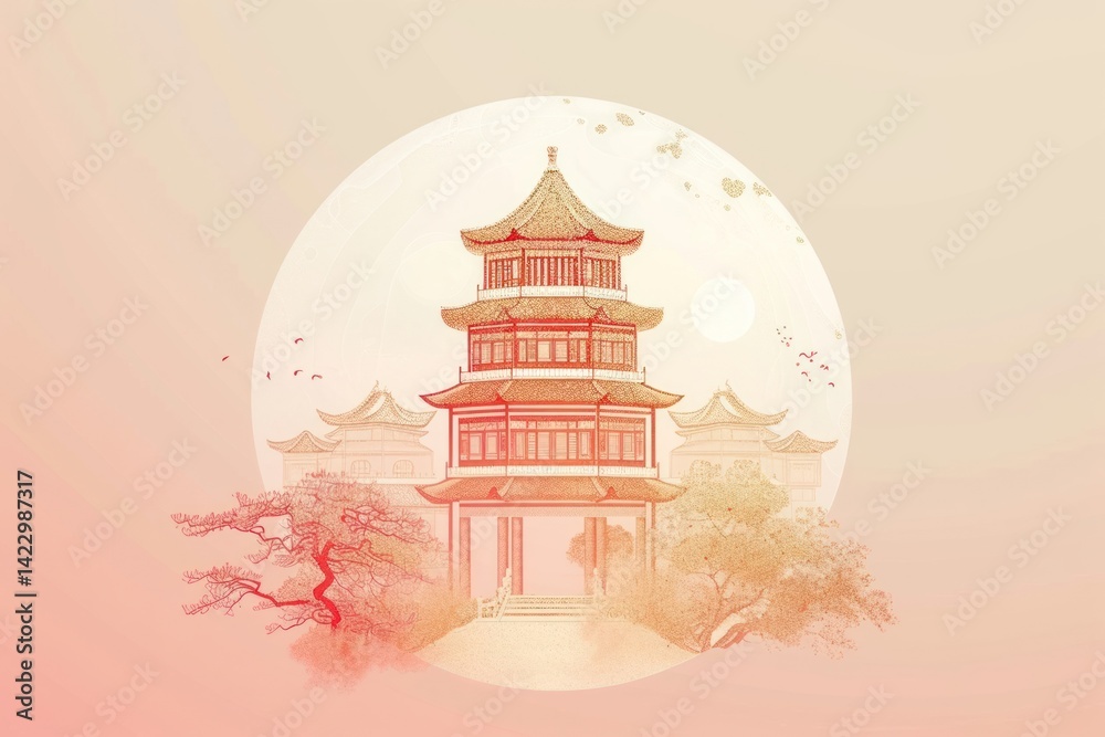 Naklejka premium Antique chinese architecture sketch art spirituality.