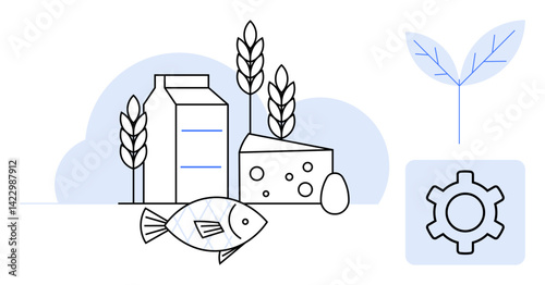 Milk carton, cheese, egg, fish, wheat, leaf, and gear symbolizing food production, sustainability, farming agriculture eco-friendly practices innovation technology ideal for simple landing page