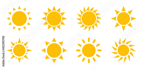 Set of 8 yellow sun icons in flat vector style with unique ray designs. Perfect for weather apps, summer themes, travel graphics, and UI elements. Isolated on white background. Sun, iocns.