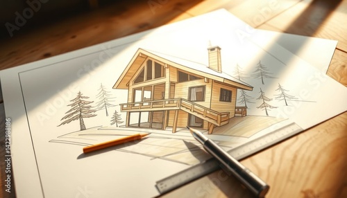 Architectural blueprint showcasing a modern wooden house design on paper