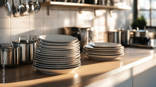 Gleaming kitchenware neatly arranged, spotless bowls and plates with modern aesthetic