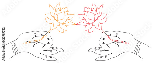 two women's hands holding blooming lotus flower for Waisak day, Waisak vector illustration