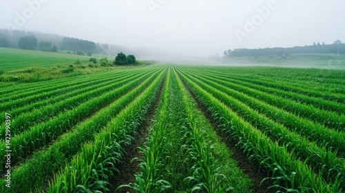 Wallpaper Mural Green sugarcane field during early morning fog, peaceful farm ambiance with rows stretching far Torontodigital.ca