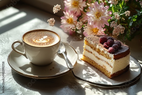 Delicious cake accompanied by a warm cup of coffee sits on a table near a bouquet of blooming flowers during a bright morning