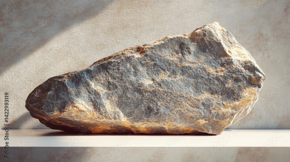 A top-down view of a single large boulder with weathered edges and rough texture, placed on a white table, softly illuminated to highlight its rugged beauty A top-down view of a single large boulder with weathered edges and rough texture, placed on a white table, softly illuminated to highlight its rugged beauty