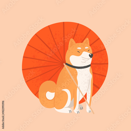 Cute shiba inu. Cartoon akita inu. Japanese dog under red umbrella. Vector illustration.