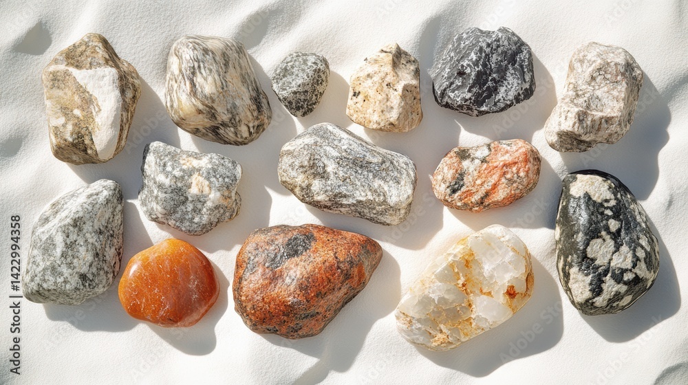 A top-down view of a series of small rocks with various textures, from smooth to rough, scattered across a white surface, softly lit to emphasize the differences in their surfaces A top-down view of a series of small rocks with various textures, from smooth to rough, scattered across a white surface, softly lit to emphasize the differences in their surfaces
