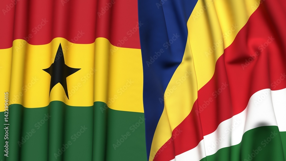 Fototapeta premium Flags of GHANA and SEYCHELLES with realistic cloth texture