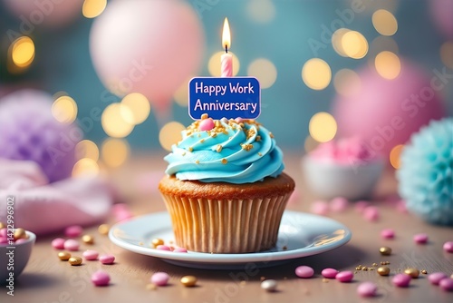 Happy Work Anniversary Cupcake Image: Celebration with Blue Frosting, Candle, and Festive Decorations for Employee Recognition