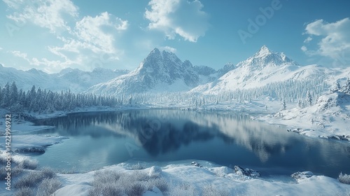 Winter scenery in the sunny day. Mountain landscapes. Trees covered with white snow, lawn and blue sky
