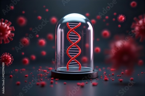 DNA Protection from Virus: Genetic Immunity Concept, Medical Research, Gene Therapy, Red DNA Helix Under Glass Dome, Dark Background