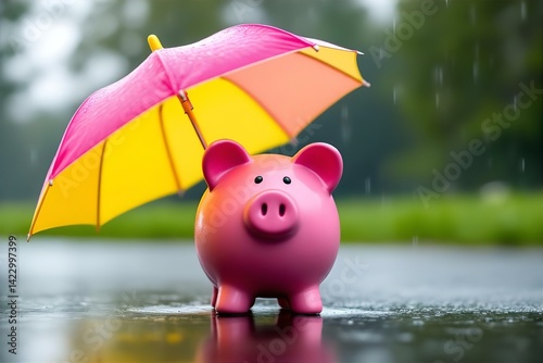 Pink Piggy Bank Under Umbrella in Rain: Saving Money, Financial Security, Rainy Day Funds, Investment Protection, Stock Photo