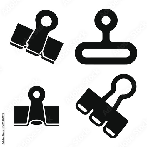 Vector Illustration of Different Types of Binder Clips/Simple black and white vector graphic showing various binder clip styles.