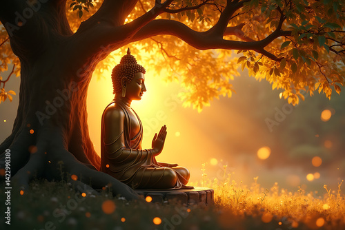 Lord Buddha.A Silhouette of Buddha Meditating Under the Bodhi Tree at Sunrise, as Radiant Energy Expands Gracefully Into the Horizon in a Serene Spiritual Scene. AI-generated
