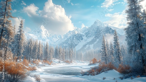 Winter scenery in the sunny day. Mountain landscapes. Trees covered with white snow, lawn and blue sky