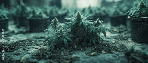 Cultivation of cannabis plants in pots inside a controlled environment photo