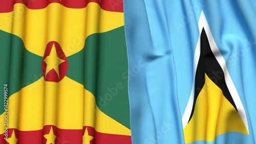 Flags of GRENADA and SAINT LUCIA with realistic cloth texture photo