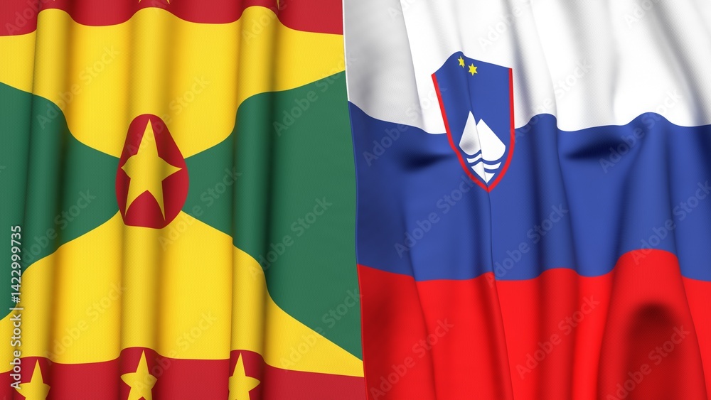 Fototapeta premium Flags of GRENADA and SLOVENIA with realistic cloth texture