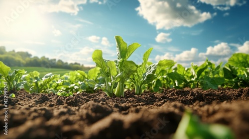 Lush sugar beet field with vibrant foliage and sun-drenched soil under blue skies