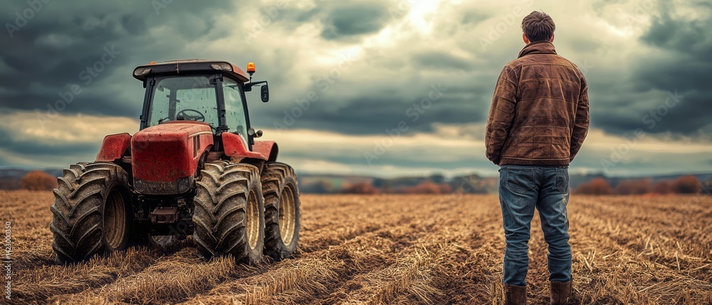 Obraz premium Farmer standing by tractor in a plowed field