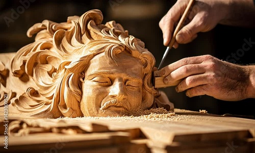 Wooden sculpture in progress with craftsman’s hands gently sanding surface for fine craftsmanship made with Generative AI technology
