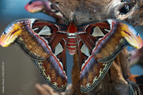 Obraz na płótnie Beautiful Atlas Moth resting on a branch, showing its large, colorful, patterned wings from above. w salonie