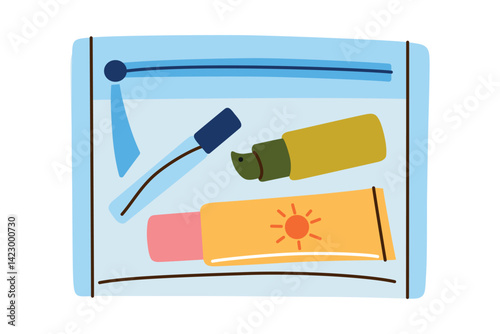 Flat cartoon illustration of cosmetic bag with skincare and sun protection products. Summer travel vector icon, perfect for beach vacation, beauty routine, and personal care on the go