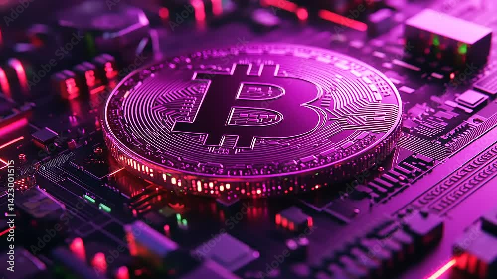Close-up of a glowing Bitcoin on a circuit board, illuminated with vibrant purple lights