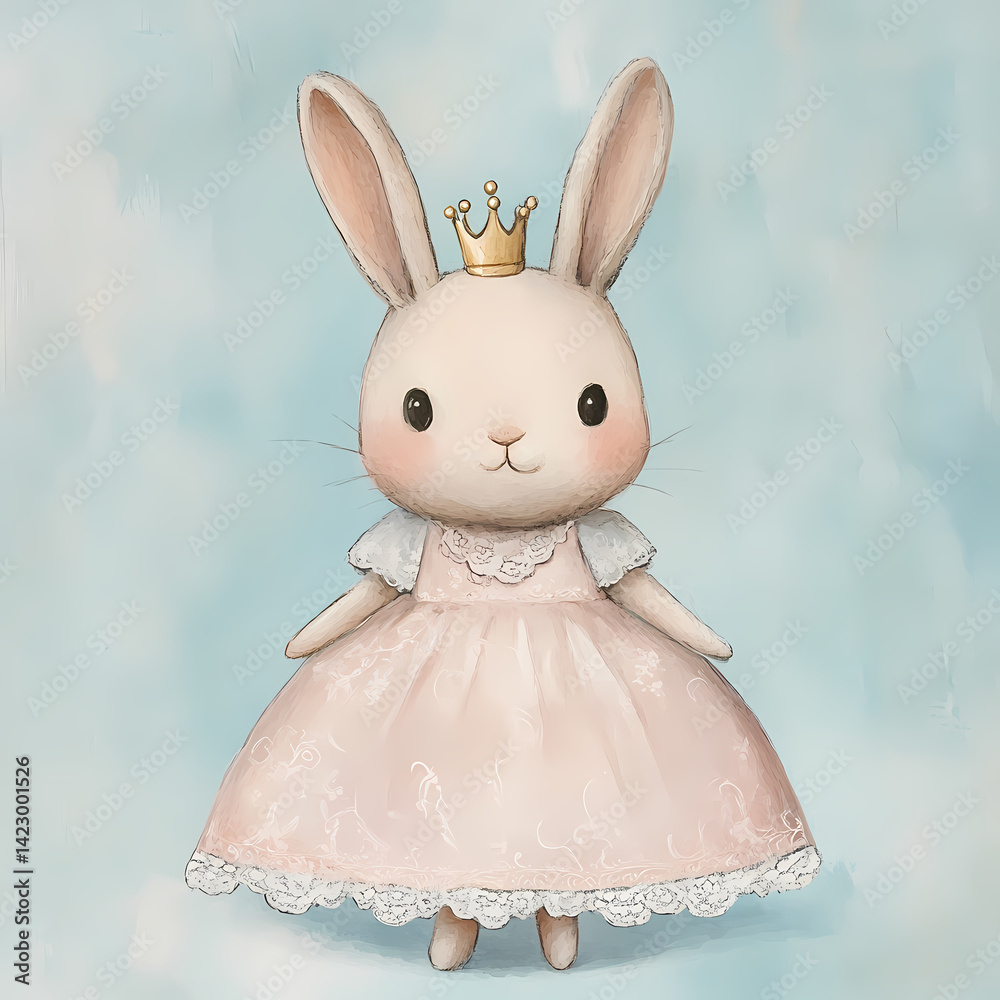 Obraz premium Cute rabbit in a crown and dress on a soft blue background Generative AI