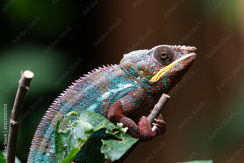 Wildlife portrait: Colorful chameleon (Furcifer pardalis) on a branch. Showing unique eye and pattern.