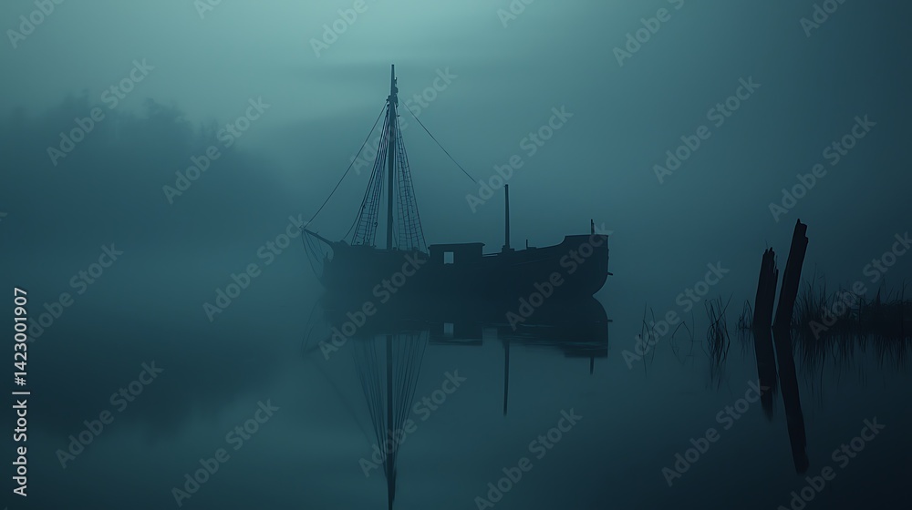 Obraz premium Ephemeral Voyage: A Ghostly Ship Drifts Through a Mysterious Misted Waterscape