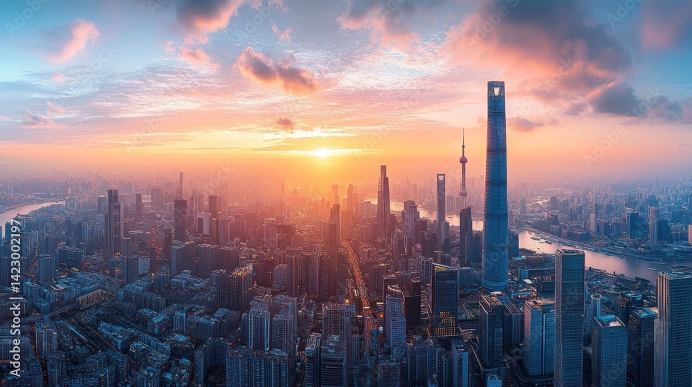 Panoramic cityscape view of Shanghai at sunrise, featuring modern skyscrapers, a river, and vibrant clouds. Panoramic cityscape view of Shanghai at sunrise, featuring modern skyscrapers, a river, and vibrant clouds.