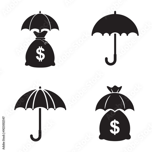 Umbrella and money bag silhouette 4 set design perfect for financial services mobile wallet savings investment protection graphic icons digital finance business logo and marketing visuals
