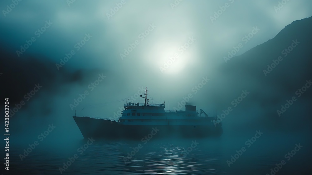 Mystical marine vessel adrift in a nebulous dreamscape, shrouded by thick fog Mystical marine vessel adrift in a nebulous dreamscape, shrouded by thick fog