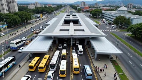 City Bus Station Aerial View Showing Traffic and Urban Landscape