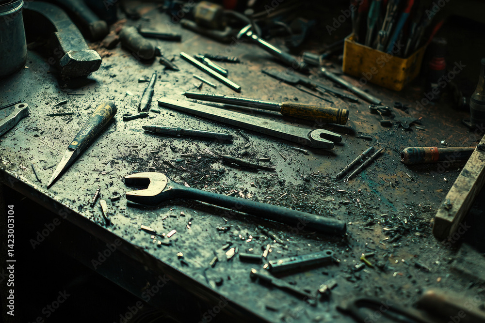 Fototapeta premium Assorted Tools Spread Across Workshop Floor – Commercial Stock Photo