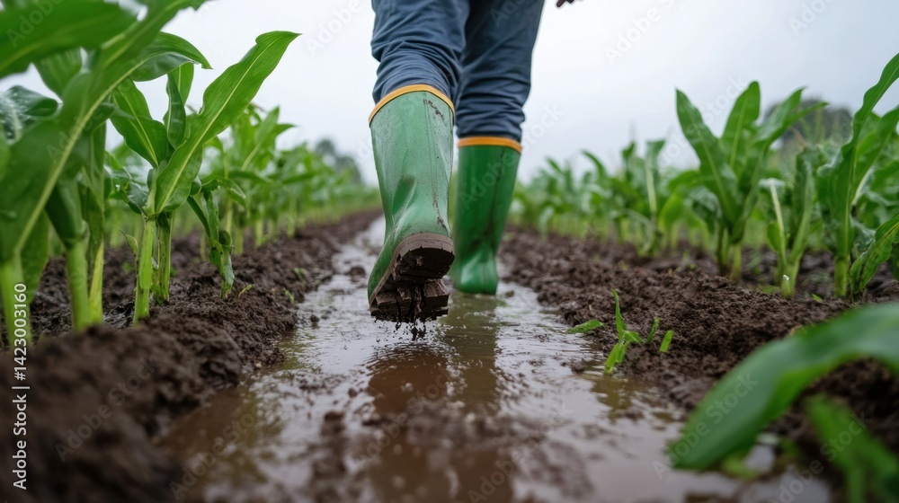 Mud and water covering corn field as farmer walks through in heavy green boots Mud and water covering corn field as farmer walks through in heavy green boots