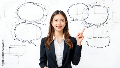 young woman drawing a speech bubble.
 surrounded by purple abstract elements and red dotted lines on white background. 