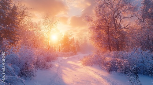 Sun is setting behind trees in snow