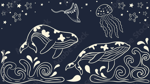 Whale Pattern wallpaper hand drawn line for nursery room interior