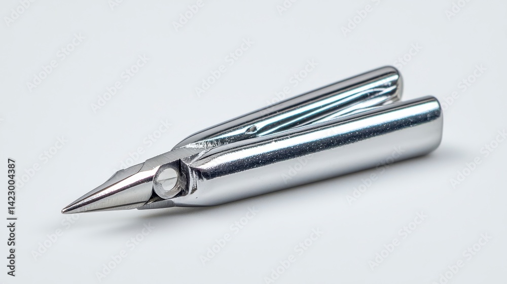 Close-up view of a sleek, shiny metallic instrument resembling miniature pointed pliers or forceps on a clean white background, highlighting its design details Close-up view of a sleek, shiny metallic instrument resembling miniature pointed pliers or forceps on a clean white background, highlighting its design details
