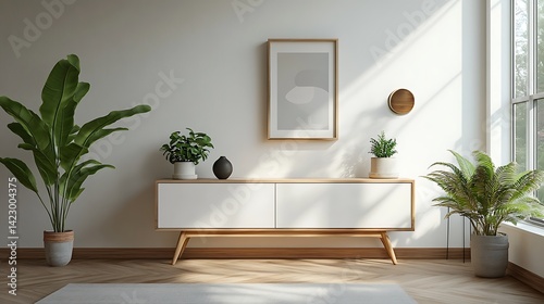 Modern white sideboard with wooden legs and plants on the floor against an empty wall mockup in the interior design of a modern living room, wide angle.